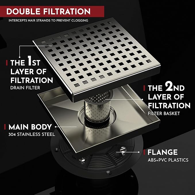 WEBANG 6 Inch Square Shower Drain Nickel Floor Drain with Flange Square Holes Pattern Cover Grate Removable SUS304 Stainless Steel Watermark&CUPC Certified Brushed Nickel
