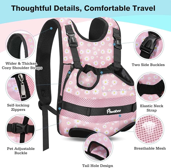 Pawaboo Pet Front Carrier Backpacks for Small Medium Dogs | Legs Out Easy-fit,Adjustable Straps,Hands-free,for Travel Hiking Cycling Camping Pink Daisy M