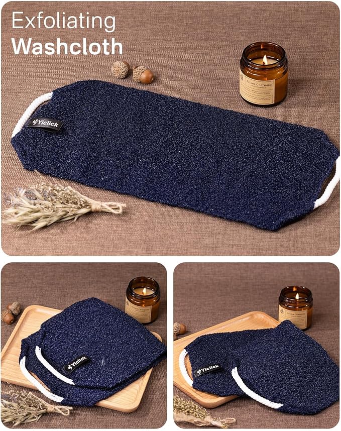 Exfoliating Washcloth Towel with Handle, Back Scrubber for Shower, Exfoliating Body Scrubber Exfoliator, Japanese Wash Cloth for Body Scrub, Bath Sponge Loofah Luffa Washer Exfoliator
