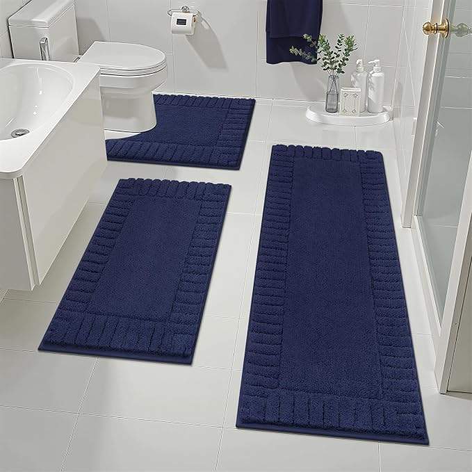 Pauwer Bathroom Rugs Sets 3 Piece, Microfiber Bath Mat Set, Navy Blue | Non Slip Washable, Soft Plush, Extra Absorbent Bath Mats, U Shaped Contour Toilet Rug for Bathroom