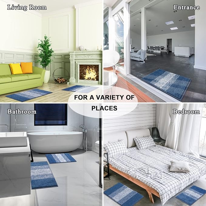 Vaukki Luxury Soft Bathroom Rugs Set of 2, Blue Non Slip Bath Floor Mat | Microfiber Shaggy Plush Absorbent Striped Washable Bath Carpet for Tub, Bathroom and Shower, 18''x26''+20''x32''