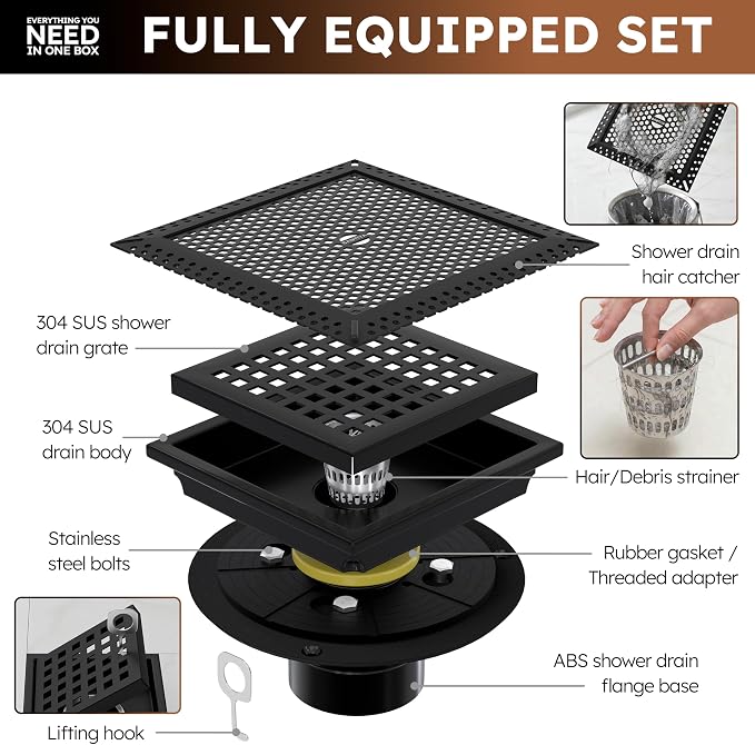 6 Inch Square Black Shower Drain with Flange, Modern Floor Drain with Quadrato Pattern Grate Removable,SUS 304 Stainless Steel