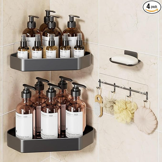 Veken Aluminum Corner Shower Caddy 4-Pack, Never Rust, No Drilling Adhesive Shelves, Stainless Rack with Soap Holder, Bathroom Organizers and Storage, Wall-Mounted Kitchen & Home Decor, Grey