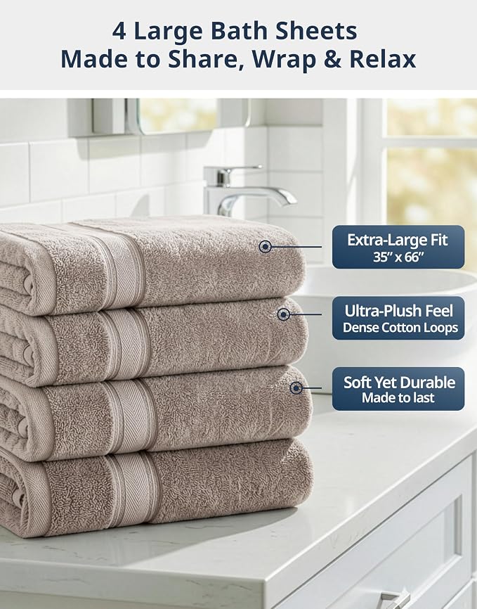 LANE LINEN Large Bath Sheets Oversized Soft Absorbent 4 Pack - Platinum | Bathroom Towels Large - Lightweight & Breathable, Fade-Resistant Color, Classic Terry Weave, Densely Woven