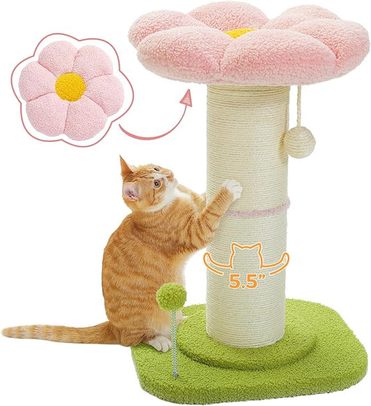 PEQULTI Flower Cat Scratching Post, Super Thick 5.5in Sisal Post, Pink | Small cat & kitten scratcher: removable flower bed, sisal + spring ball, enlarged double base; cute pink flower cat tree