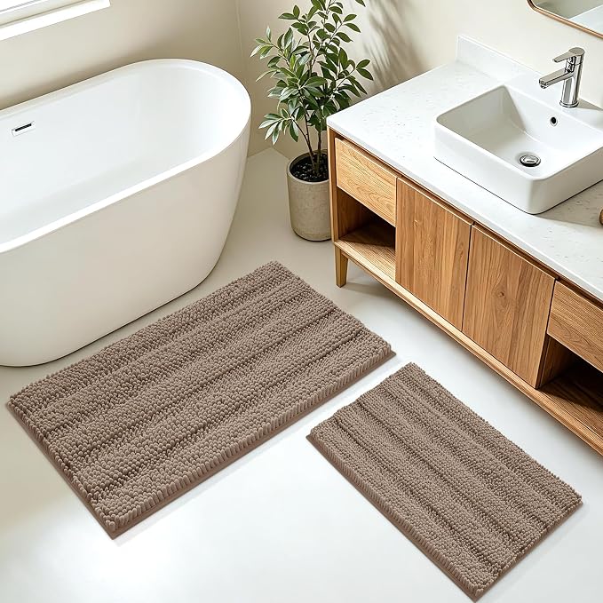 ACCUMTEK Striped Dark Beige Bathroom Rug Mat Set 2 piece 32"x20"+24"x17" Ultra Soft, Non Slip Chenille Bath Rugs, Absorbent Plush Shaggy Bath Mats for Bathroom, Bedroom, Kitchen, Shower, Tub,Taupe