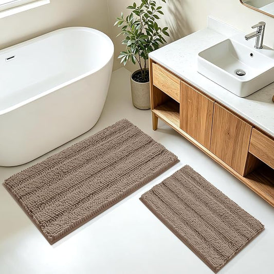 ACCUMTEK Striped Dark Beige Bathroom Rug Mat Set 2 piece 32"x20"+24"x17" Ultra Soft, Non Slip Chenille Bath Rugs, Absorbent Plush Shaggy Bath Mats for Bathroom, Bedroom, Kitchen, Shower, Tub,Taupe