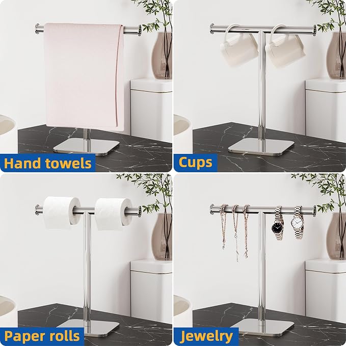 RUACQ T-Shape Hand Towel Holder Stand, 12inch Weighted Base Towel Rack, Countertop Towel Holder for Bathroom, 304 Stainless Steel, Heavy Duty (Chrome)