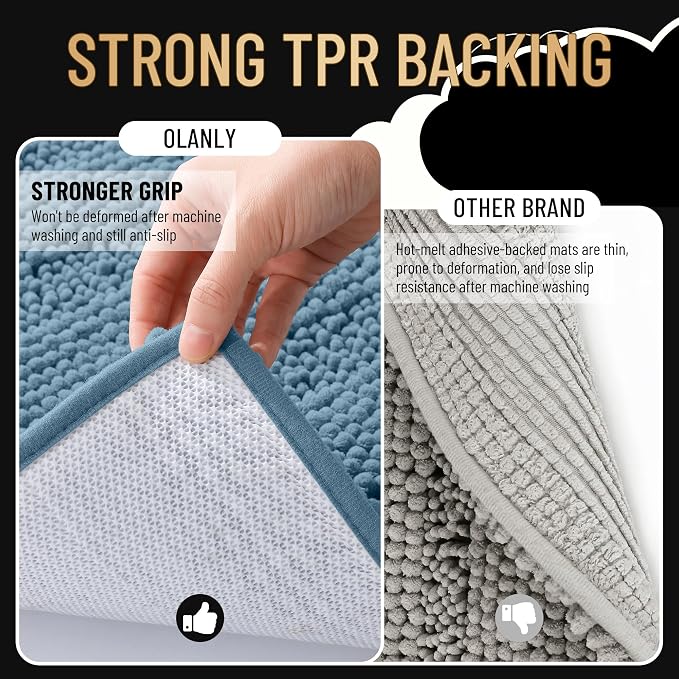 OLANLY Thick Chenille Bathroom Rugs Sets 3 Piece, 30"x20"+24"x16"+24"x20" | Airy Blue, Absorbent Bath Mats and U-Shaped Contour Toilet Rug, Home Decor Accessories, Bath Mat Set for Bathroom