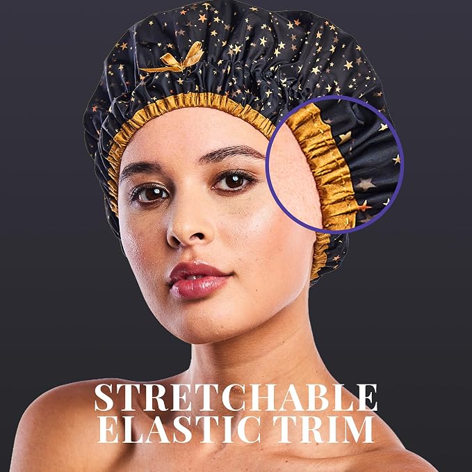 Betty Dain Fashionista Reusable Shower Cap, Starry Nights | Oversized Waterproof PEVA Lined Bath Cap for All Hair Lengths, Elastic Stretch Hem Hair Hat