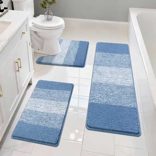 Pauwer 3 Piece Bathroom Rug Set, Microfiber Non Slip Bath Mats, Blue | Machine Washable, Quick Dry, Ultra Absorbent Floor Carpet, Plush Shower Rugs, U-Shaped Contour Toilet Mat