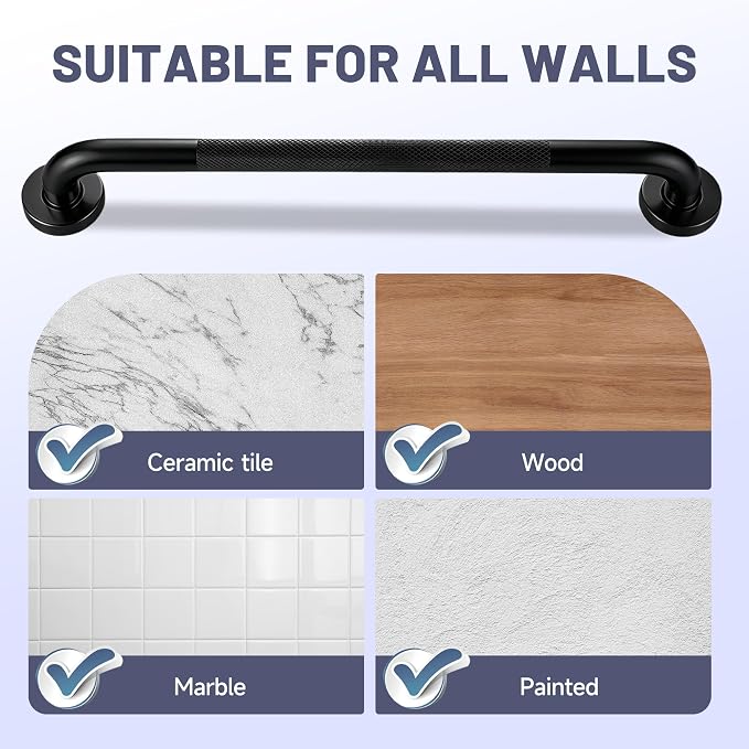 24 Inch Black Shower Grab Bar, XIANTHUS 1.25" Dia Anti Slip Safety Bars, 304 Stainless Steel Bathroom Handicap Grab Bars Handrail for Wall, Shower Grip Handle for Seniors Elderly Injury Assist Bath