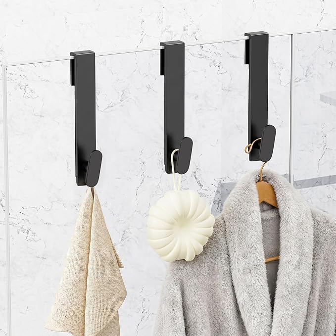 Shower Door Hooks 8 Inch,Extended Heavy Duty Shower Hooks for Towels,Over the Towel Hooks for Bathroom Frameless Glass Door (Black,2 Pack)