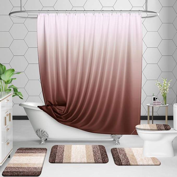 OLANLY Microfiber Bathroom Rugs Sets 3 Piece, 59"x20"+24"x16"+24"x20" | Brown, Soft Absorbent Bath Mats and U-Shaped Contour Toilet Rug, Plush Shaggy Bath Mat Set for Bathroom