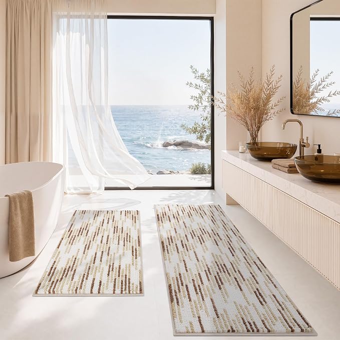 Bathroom Rugs Sets 2 Piece, Modern Bath Mat 20"x47"+20"x32", Beige | Loop Pile Chenille, Non Slip TPR Rubber Backing, Abstract Stripe, Soft Thick Absorbent Washable, Runner Rug for Bathroom