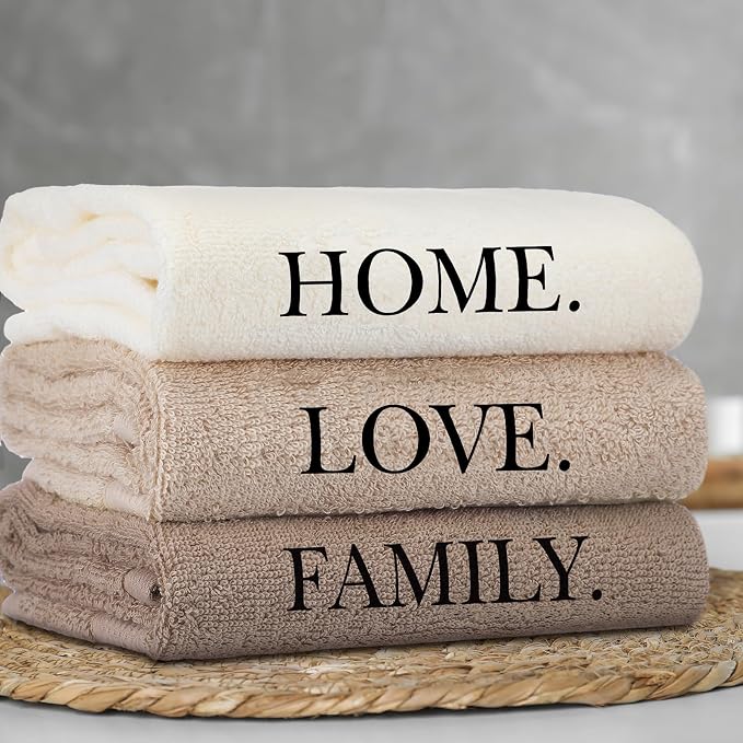 3 Pcs Hand Towels Bathroom Set,Brown,Home,Love,Family | Embroidered Cotton Farmhouse Towels, Kitchen Decor, Rustic Boho Decorative with Text Labels, Guest Bath Home