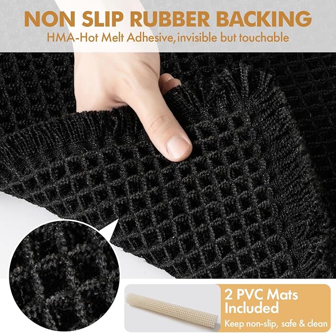 MIULEE Set of 2 Waffle Bathroom Rugs Boho Bath Mat Black 17"x24"+18"x30" | Non Slip, Super Absorbent, Washable, Ultra Soft, Rubber Backed, Small Bath Rugs for Bathroom Floor Tub Shower