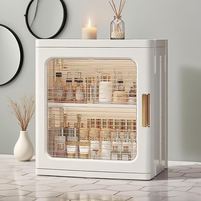 Mini Countertop Storage Cabinet with Clear Doors and Adjustable Shelf Bathroom Organizers and Storage Toilet Paper Storage for Pantry Kitchen Living Room, White