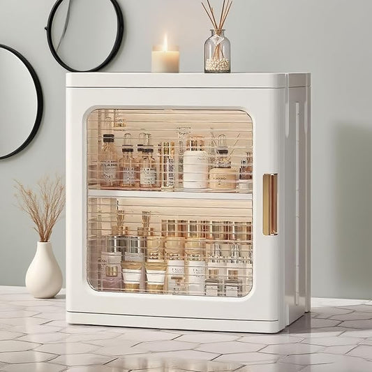 Mini Countertop Storage Cabinet with Clear Doors and Adjustable Shelf Bathroom Organizers and Storage Toilet Paper Storage for Pantry Kitchen Living Room, White