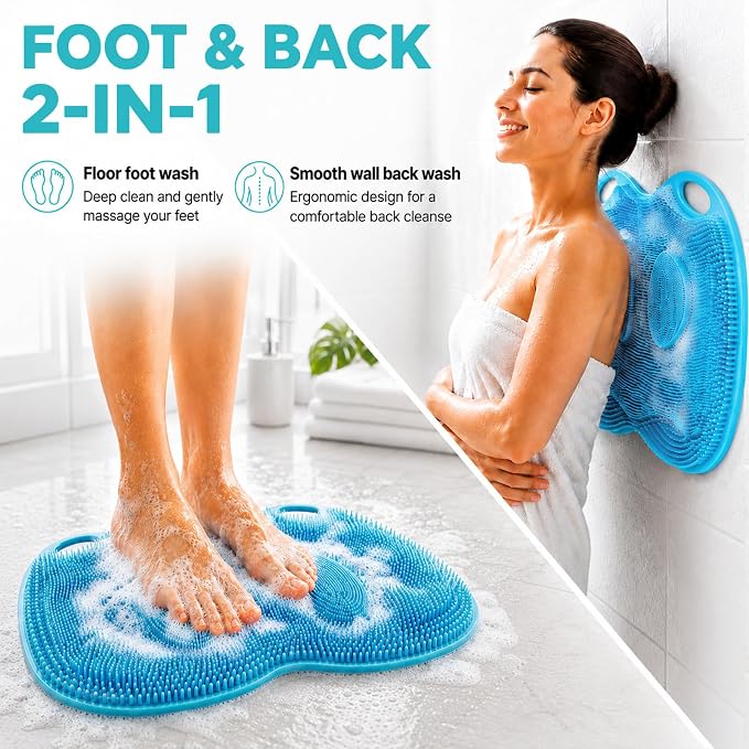 XL Silicone Shower Foot Scrubber Mat with Suction Cups, Foot Washer for Shower, Foot and Back Scrubber for Smooth Shower Wall or Floor, Blue, 17.3 x 12.9 in