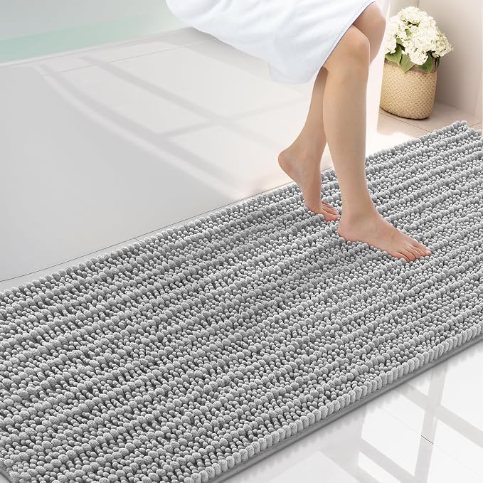 Smiry Bathroom Rugs 70X24, Extra Soft Rubber Backing Chenille Bath Mats | Light Grey Machine Washable Non Slip Quick Dry Bath Mats for Bathroom Floor, Tub, Shower, Home Decor Accessories