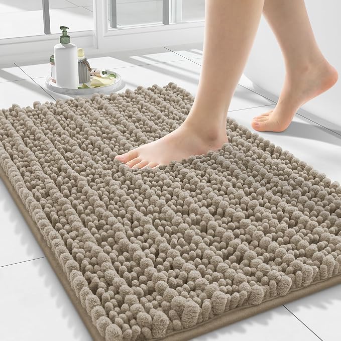 Smiry Bathroom Rugs 24X16, Extra Soft Rubber Backing Chenille Bath Mats | Latte Machine Washable Non Slip Quick Dry Bath Mats for Bathroom Floor, Tub, Shower, Home Decor Accessories