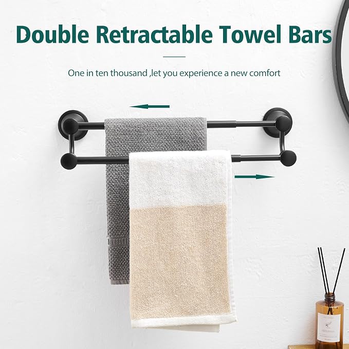 Hoimpro Adjustable Retractable 15-27 Inches Stainless Steel Bathroom Towel Bar, Bathroom Accessories Bath Hotel Double Towel Bar Rod Hanger Wall Mounted Towel Holder Towel Rack, Matte Black