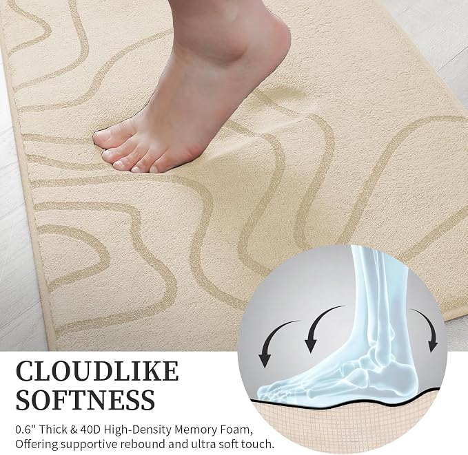 YIHOUSE Memory Foam Bathroom Rugs Sets 2 Piece, 17"x24"+20"x46", Beige | Ultra Soft, Extra Thick Bath Mat, Absorbent, Non-Slip, Machine Washable, For Tub, Shower & Home Decor Accessories