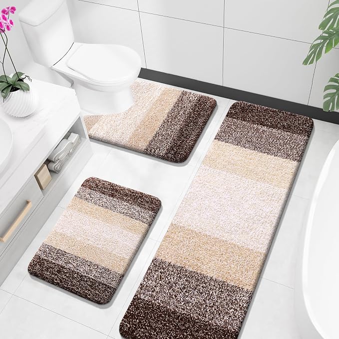 OLANLY Microfiber Bathroom Rugs Sets 3 Piece, 59"x20"+24"x16"+24"x20" | Brown, Soft Absorbent Bath Mats and U-Shaped Contour Toilet Rug, Plush Shaggy Bath Mat Set for Bathroom