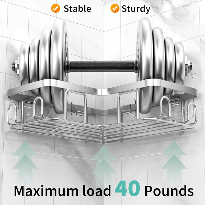 Moforoco Corner Shower Caddy Shelf Organizer Rack, Self Adhesive Black Bathroom Shelves Basket, Home Shower Inside Organization and Storage Decor Rv Accessories, First Apartment Essentials（Silver）