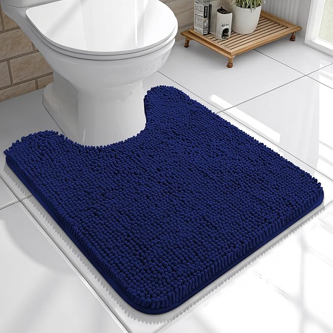 OLANLY Toilet Rugs U-Shaped 20x20, Soft Absorbent Chenille Contour Rugs | Navy, Quick-Drying Rubber Backing, Machine Washable Non-Slip Shaggy Bathroom Mat for Toilet, Home Decor Accessories