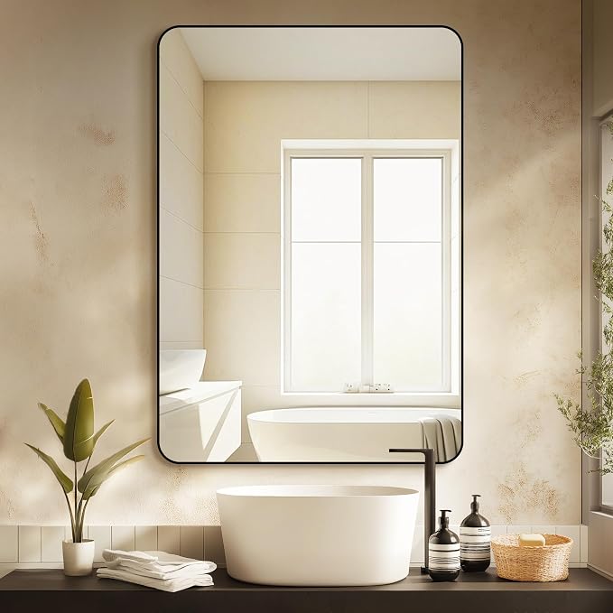 Delma Bathroom Vanity Mirror, Black Framed Mirror for Over Sink, 40x28 | HD glass, distortion-free for makeup and grooming, Sturdy frame, all mounting hardware, hangs horizontal or vertical