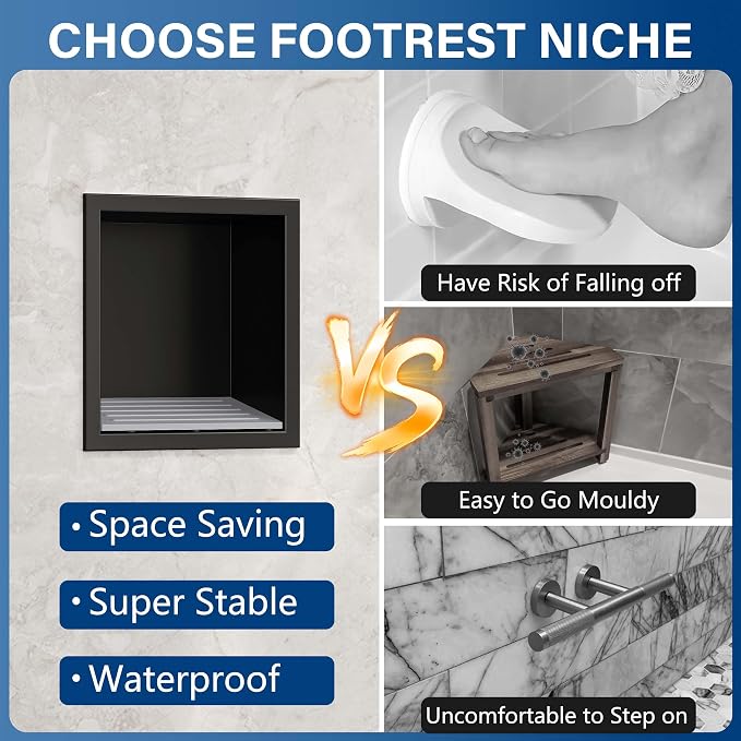 Neodrain Shower Foot Rest for Shaving Legs, 304 Stainless Steel Niche for Shower Wall, Recessed Shower Step for Shaving Legs, Wall soap Holder, Bathroom Foot Rest (Matte Black, 6.7" x 6")
