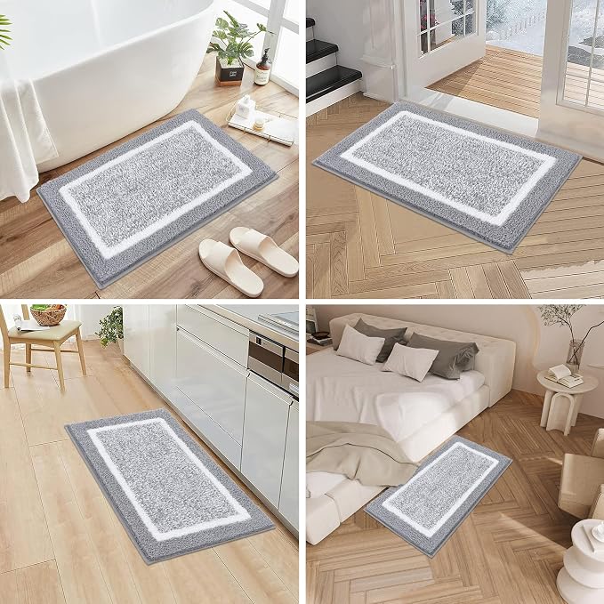 Pauwer 3 Piece Bathroom Rug Set, Non Slip Washable Bath Mat, Light Grey | Soft Plush Microfiber, Super Absorbent Floor Carpet, U Shaped Toilet Mats, Quick Dry, Shaggy Shower Rugs Runners