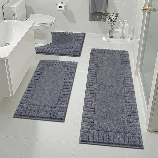 Pauwer Bathroom Rugs Sets 3 Piece, Microfiber Bath Mat Set, Dark Grey | Non Slip Washable, Soft Plush, Extra Absorbent Bath Mats, U Shaped Contour Toilet Rug for Bathroom