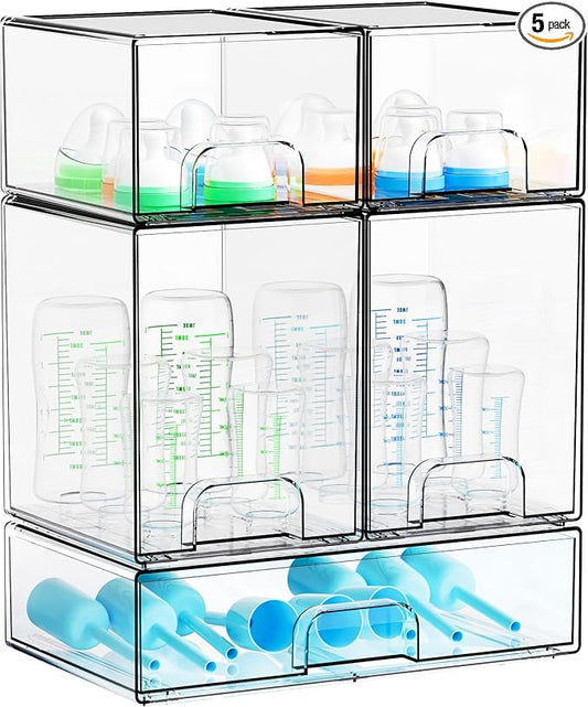Yieach 5 Set Clear Baby Bottle Organizer for Countertop,BPA FREE Bottle Station Organizer for Breast Pump Parts,Pacifier and Baby Accessories,Stackable Drawers for Bathroom,Cabinet,Pantry Organization