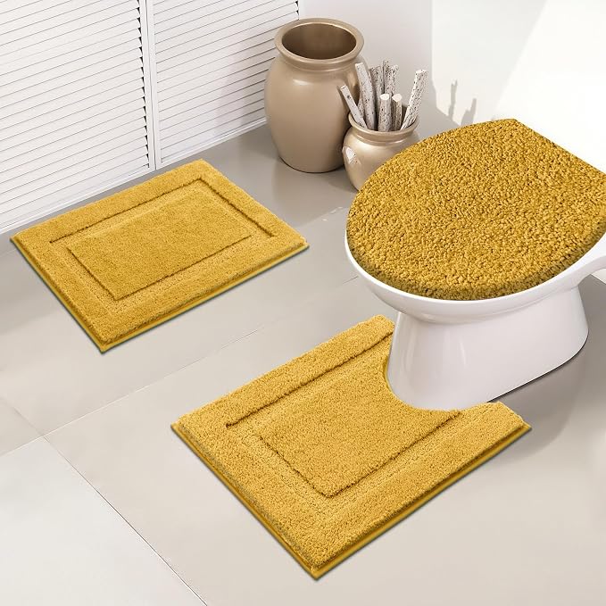 SHACOS 3 Pieces Bathroom Rugs with Toilet Lid Cover, Honey Mustard | Soft Absorbent, Non Slip, Washable, Microfiber, 16"x24"+U-Shape 20"x24"+Lid Cover19"x21"