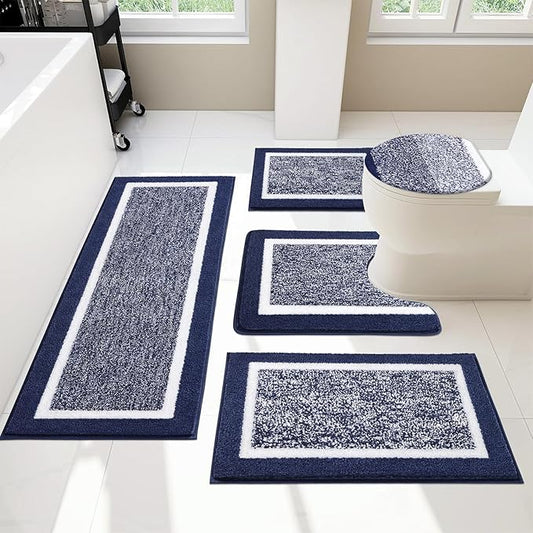 Pauwer Bathroom Rugs Set 5 Piece, Non Slip Microfiber Bath Mat, Navy | Washable Bathroom Mat with U Shaped Toilet Rug, Long Shower Runner, Toilet Lid Cover, Quick Dry Absorbent Plush Floor Carpet