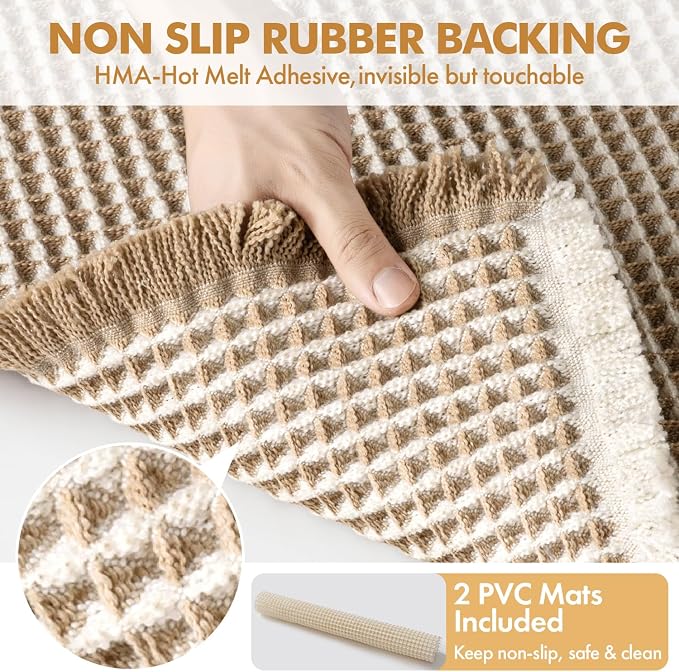 MIULEE Set of 2 Waffle Bathroom Rugs Brown&White Bath Mat 17"x24"+20"x47" | Non Slip, Super Absorbent, Washable, Ultra Soft, Rubber Backed, Small Boho Bath Rug and Bathroom Runner for Floor Tub Shower