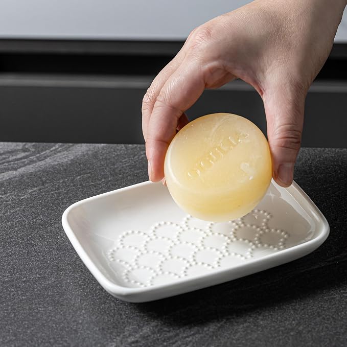 Gomakren Ceramic Soap Dish Bar Soap Holder for Bathroom Kitchen Sink White | Keeps soap dry & long-lasting, raised scalloped design, non-slip base, easy to clean, versatile tray counter storage & decor