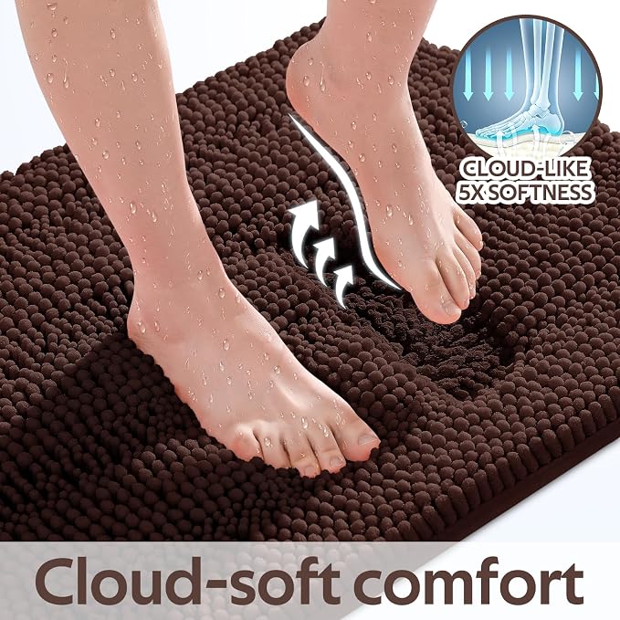 ACCUMTEK Striped Brown Bathroom Rug Set 3 Pieces Ultra Soft, Non Slip Chenille Toilet Mat, Absorbent Plush Shaggy Bath Mats for Bathroom, Bedroom, Kitchen