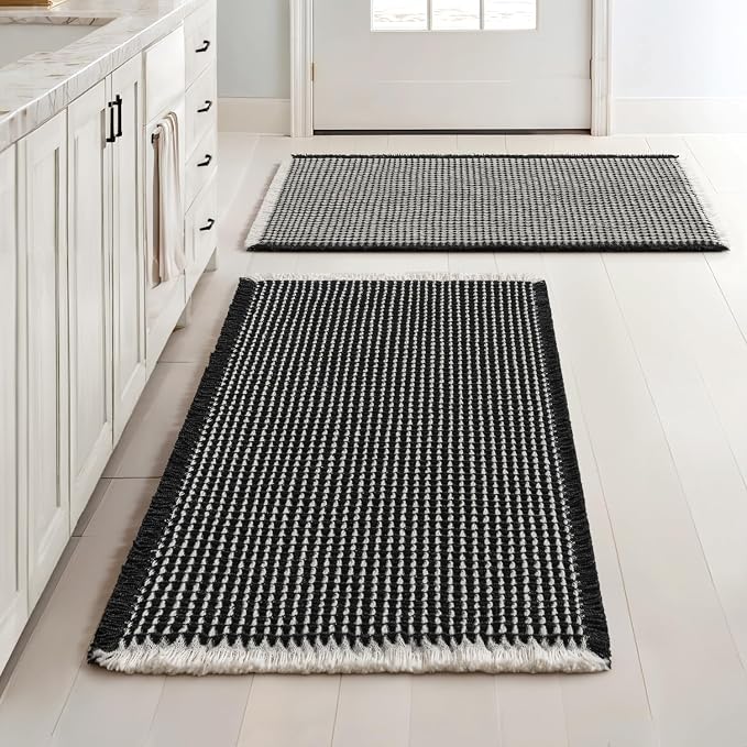 MIULEE Set of 2 Waffle Bathroom Rugs Boho Bath Mat Black&Cream 18x30 Inch | Non Slip, Super Absorbent, Washable, Ultra Soft, Rubber Backed Bath Rugs for Bathroom Floor Tub Shower