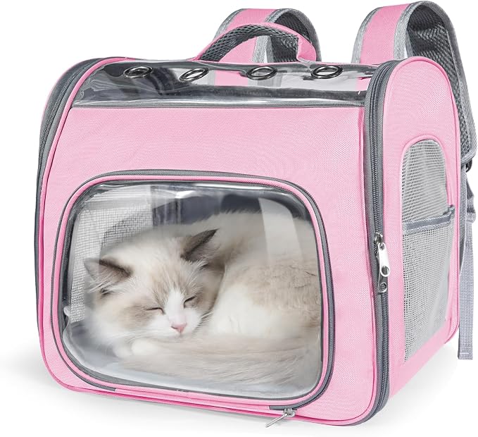 Airline Approved Cat Soft-Sided Carrier Backpack Up to 12 lbs (Pink) | Airport-Friendly Breathable Mesh Foldable Pet Travel Bookbag with Reinforced Support, Portable Puppy Carry Bag for Kitty