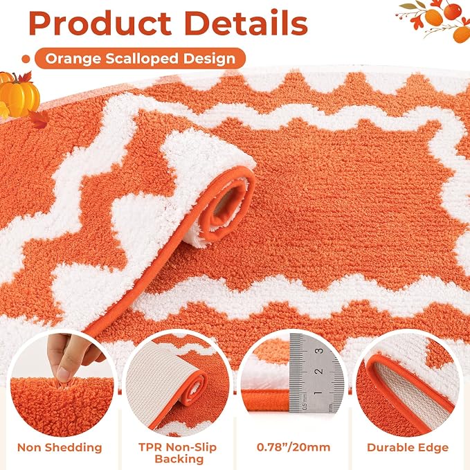 Findosom Fall Bathroom Rugs Sets 3 Piece, Absorbent Non-Slip Bath Rug Set | Washable Soft Microfiber Shaggy Scalloped Fall Bath Mat Set with Bathroom Runner Rug, U-Shaped Toilet Rugs, Shower Rug,Orange