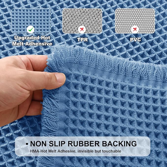 JIUZHEN Set of 2 Waffle Bath Mats Boho Bath Rugs 16"x24"+20"x32", Blue | Non Slip, Super Absorbent, Washable, Ultra Soft, Fast Drying Waffle Bathroom Rugs for Bathroom Floor, Tub, Shower