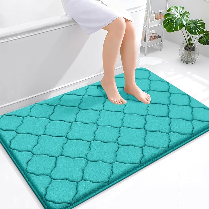 OLANLY Memory Foam Bath Mat Rug 47x32, Ultra Soft Bathroom Rugs, Teal | Thick Absorbent Carpet, Non-Slip Backing, Machine Washable, for Bathroom Floor, Tub, Shower and Home Decor Accessories