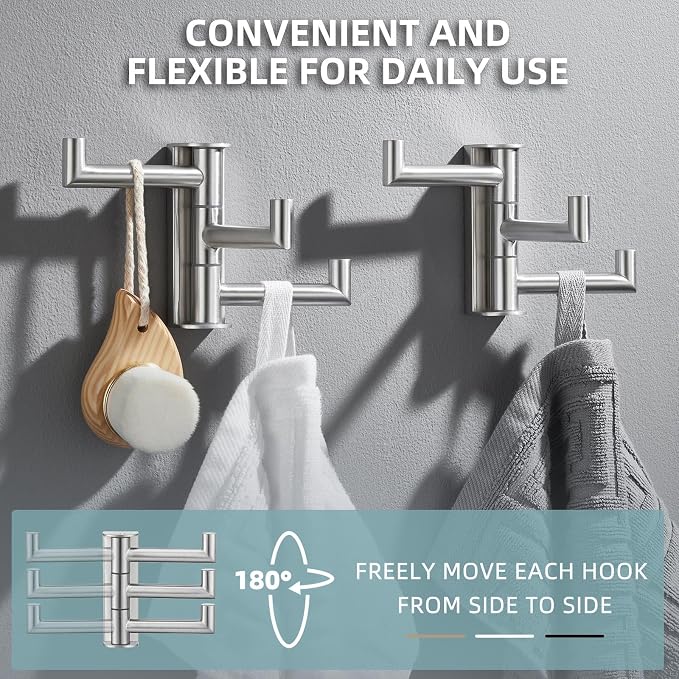 Angle Simple Swivel Towel Hooks, SUS 304 Stainless Steel Foldable Robe Hand Towel Holder for Bathroom Kitchen Wall, Brushed Nickel, 2 Pack