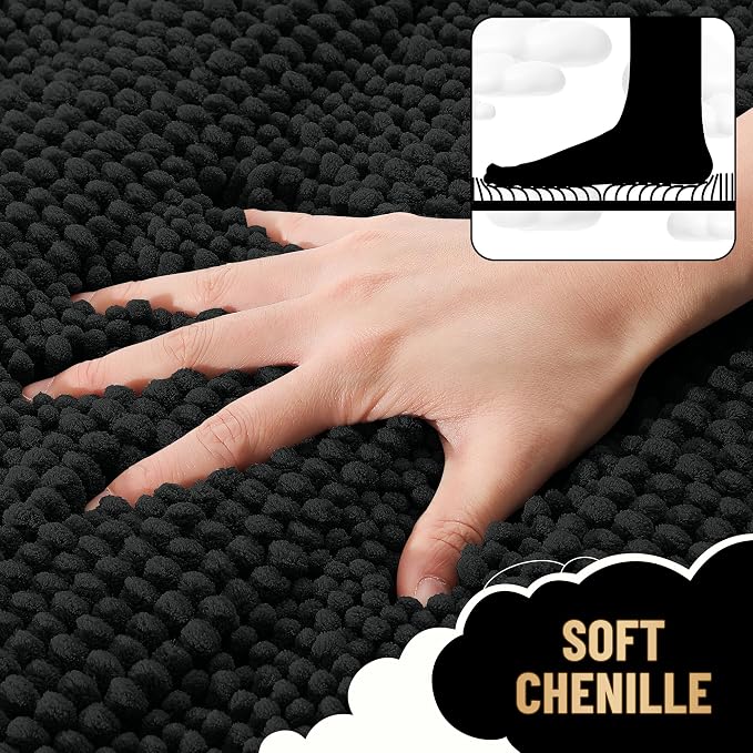 OLANLY Thick Chenille Bathroom Rugs Sets 3 Piece, 30"x20"+24"x16"+24"x20" | Black, Absorbent Bath Mats and U-Shaped Contour Toilet Rug, Home Decor Accessories, Bath Mat Set for Bathroom