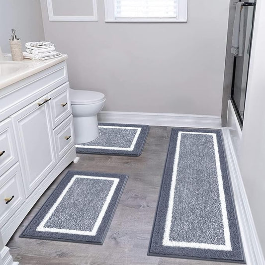 Pauwer Bathroom Rugs 3 Piece Set, Non Slip Washable Bath Mat, Dark Grey | Soft Plush Microfiber, Super Absorbent Floor Carpet, U Shaped Toilet Mats, Quick Dry, Shaggy Shower Rugs Runners