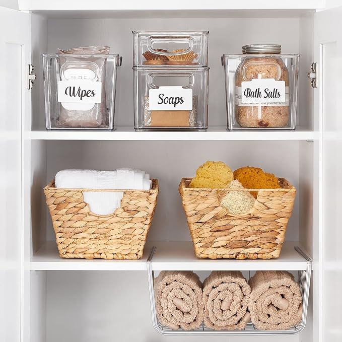 mDesign Plastic Storage Organizer Shallow Container Bin with Handles for Bathroom, Kitchen Cabinet, Pantry, Home Organization - Holds Vitamins, Supplements, Makeup - Ligne Collection - 4 Pack - Clear